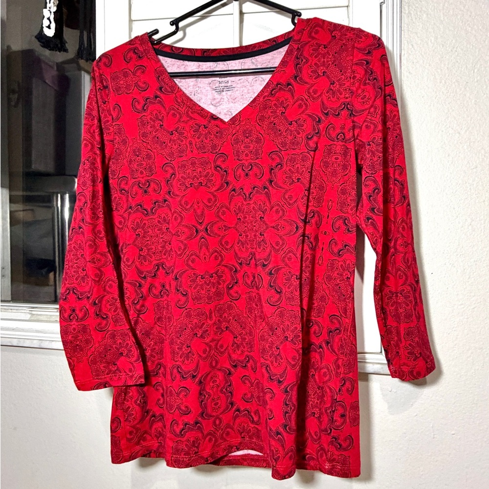 Rafaella Weekend Womens Shirt size S Small Red Black Print V Neck Cotton Stretch